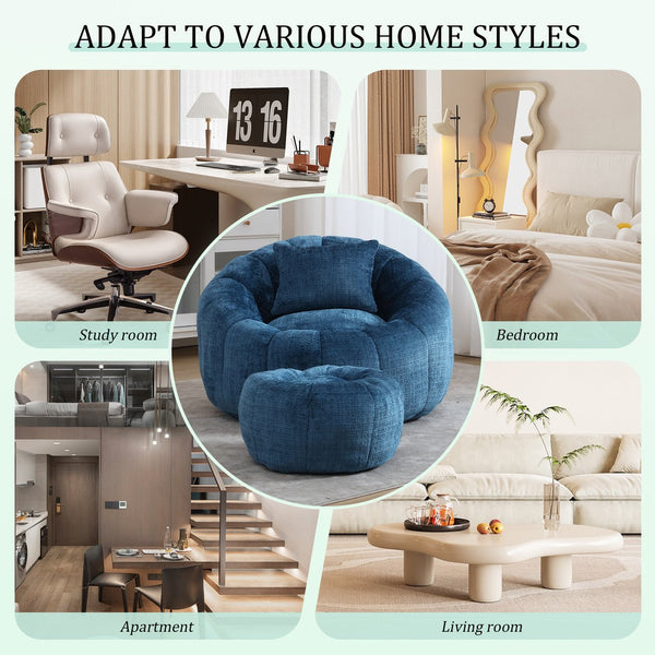 English Elm UNITED Cloud-Luxe Chenille Memory Foam Bean Bag Chair with Ottoman and Pillow for Ultimate Comfort Peacock Blue W1568P361694