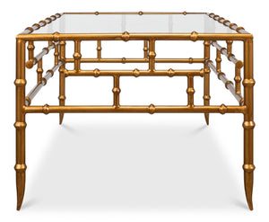 Sarreid Faux Bamboo Metal Coffee Table 48" - Elegant Gold Antique Finish With Durable Glass Top Design Gold  52851