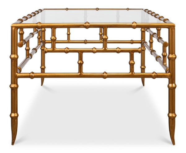Sarreid Faux Bamboo Metal Coffee Table 48" - Elegant Gold Antique Finish With Durable Glass Top Design Gold  52851
