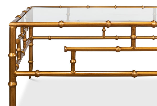 Sarreid Faux Bamboo Metal Coffee Table 48" - Elegant Gold Antique Finish With Durable Glass Top Design Gold  52851