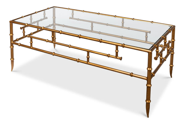 Sarreid Faux Bamboo Metal Coffee Table 48" - Elegant Gold Antique Finish With Durable Glass Top Design Gold  52851