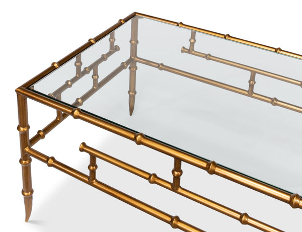 Sarreid Faux Bamboo Metal Coffee Table 48" - Elegant Gold Antique Finish With Durable Glass Top Design Gold  52851