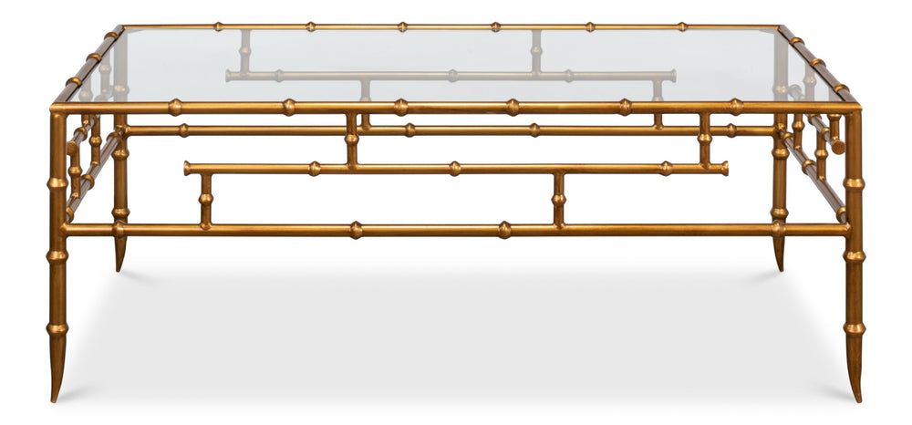 Sarreid Faux Bamboo Metal Coffee Table 48" - Elegant Gold Antique Finish With Durable Glass Top Design Gold  52851