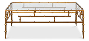 Sarreid Faux Bamboo Metal Coffee Table 48" - Elegant Gold Antique Finish With Durable Glass Top Design Gold  52851