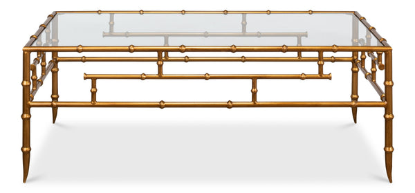Sarreid Faux Bamboo Metal Coffee Table 48" - Elegant Gold Antique Finish With Durable Glass Top Design Gold  52851