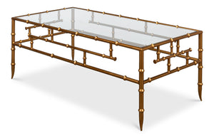 Sarreid Faux Bamboo Metal Coffee Table 48" - Elegant Gold Antique Finish With Durable Glass Top Design Gold  52851