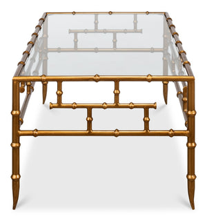 Sarreid Faux Bamboo Metal Coffee Table 48" - Elegant Gold Antique Finish With Durable Glass Top Design Gold  52851