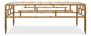 Sarreid Faux Bamboo Metal Coffee Table 48" - Elegant Gold Antique Finish With Durable Glass Top Design Gold  52851