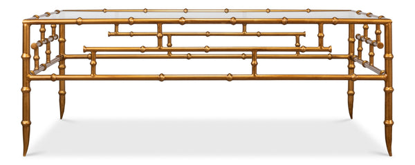 Sarreid Faux Bamboo Metal Coffee Table 48" - Elegant Gold Antique Finish With Durable Glass Top Design Gold  52851