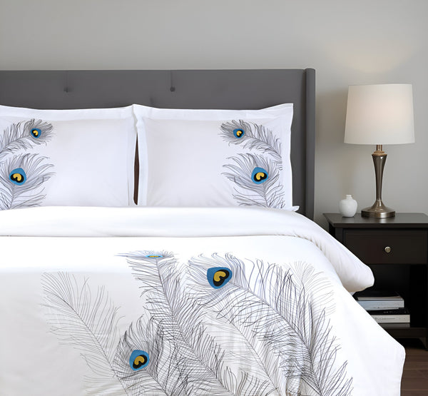 Homeroots Blue And White King 100% Cotton 200 Thread Count Washable Duvet Cover Set  Cotton 528556