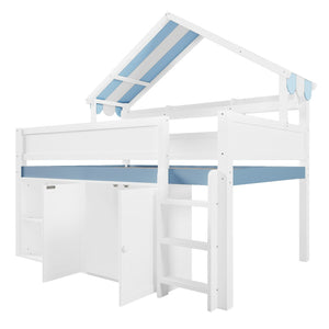 English Elm Full Size Pine Loft Bed with House Canopy Roof Built in Shelves and Storage Cabinet N7090005012C
