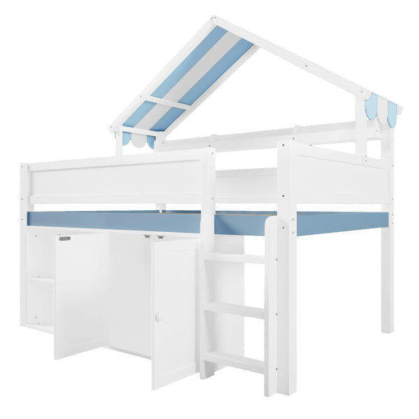 English Elm Full Size Pine Loft Bed with House Canopy Roof Built in Shelves and Storage Cabinet N7090005012C