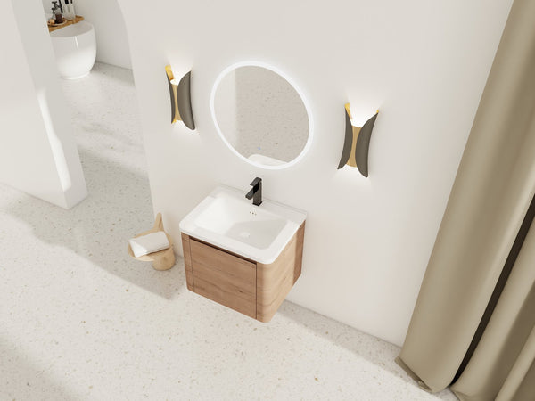 English Elm 24'' 24" Wall-Mounted Bathroom Vanity with Ceramic Sink, Soft-Close Door, Plywood Build, Space-Saving Design Imitative Oak W999P317928