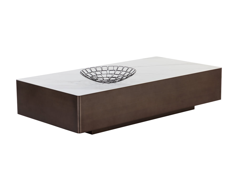 Sunpan Lenay Coffee Table - Modern White Faux Marble Top with Dark Bronze Stainless Steel Base, 66"W