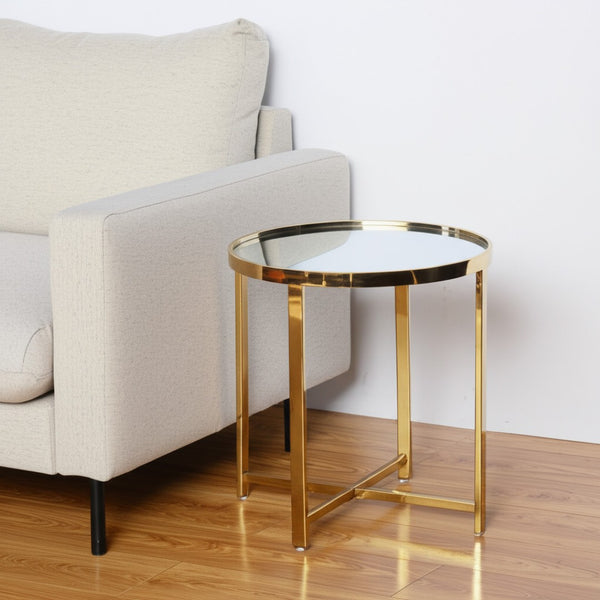 HomeRoots 22" Glamorous Glass and Stainless Steel Round Mirrored End Table - Chic Accent for Any Space Gold 528628