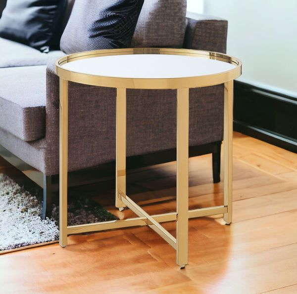 Homeroots 22" Gold Glass And Stainless Steel Round Mirrored End Table Gold  528628