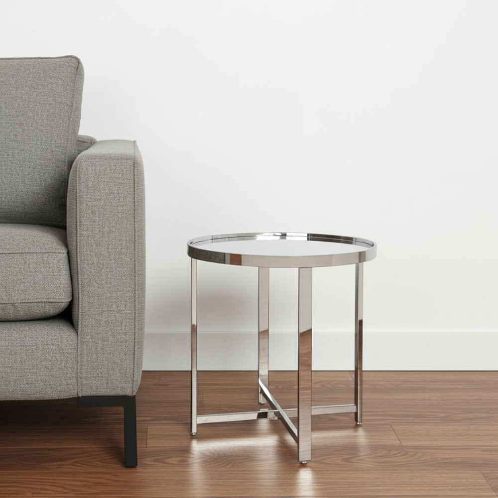 HomeRoots 22" Glamorous Glass and Stainless Steel Round Mirrored End Table - Chic Accent for Any Space Chrome 528629