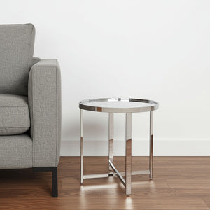 HomeRoots 22" Glamorous Glass and Stainless Steel Round Mirrored End Table - Chic Accent for Any Space Chrome 528629
