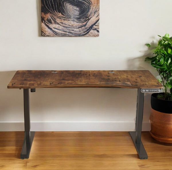 HomeRoots 55" Height-Adjustable Brown and Black Computer Desk for Ergonomic Comfort & Modern Workspace Style 528666