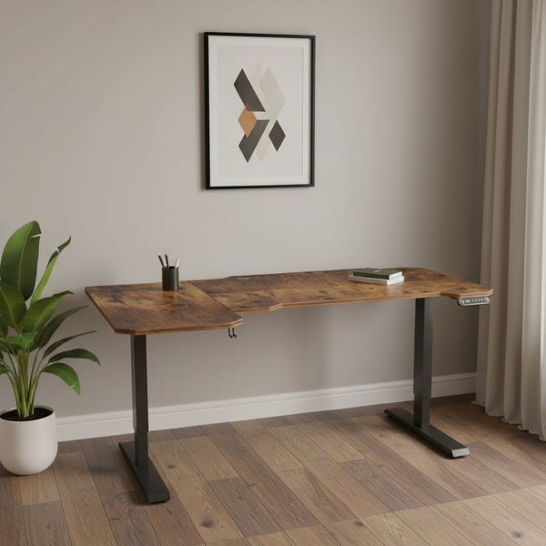 HomeRoots 59" Adjustable L-Shaped Computer Desk - Modern Rustic Design, Ergonomic Height, Durable Steel Frame 528669
