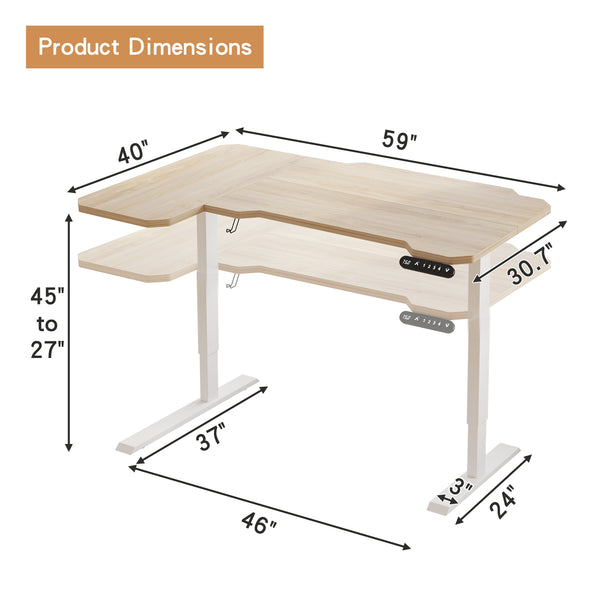 Homeroots 59" Adjustable Light Khaki And White L Shape Standing Desk   528670