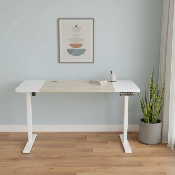 HomeRoots Adjustable Rolling Computer Desk with Stylish Natural & White Wood Finish and Stainless Steel Frame 528672