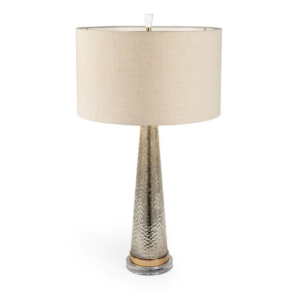 HomeRoots 32" Silver Metallic Glass Table Lamp with Beige Drum Shade - Modern Elegance for Any Room 528683