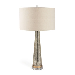 HomeRoots 32" Silver Metallic Glass Table Lamp with Beige Drum Shade - Modern Elegance for Any Room 528683
