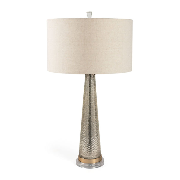 HomeRoots 32" Silver Metallic Glass Table Lamp with Beige Drum Shade - Modern Elegance for Any Room 528683