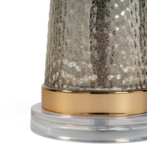 HomeRoots 32" Silver Metallic Glass Table Lamp with Beige Drum Shade - Modern Elegance for Any Room 528683