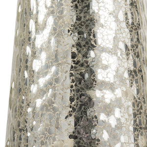 HomeRoots 32" Silver Metallic Glass Table Lamp with Beige Drum Shade - Modern Elegance for Any Room 528683