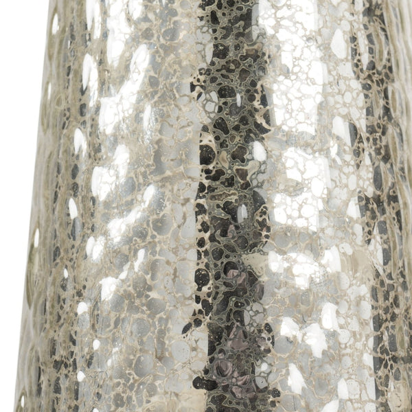 HomeRoots 32" Silver Metallic Glass Table Lamp with Beige Drum Shade - Modern Elegance for Any Room 528683