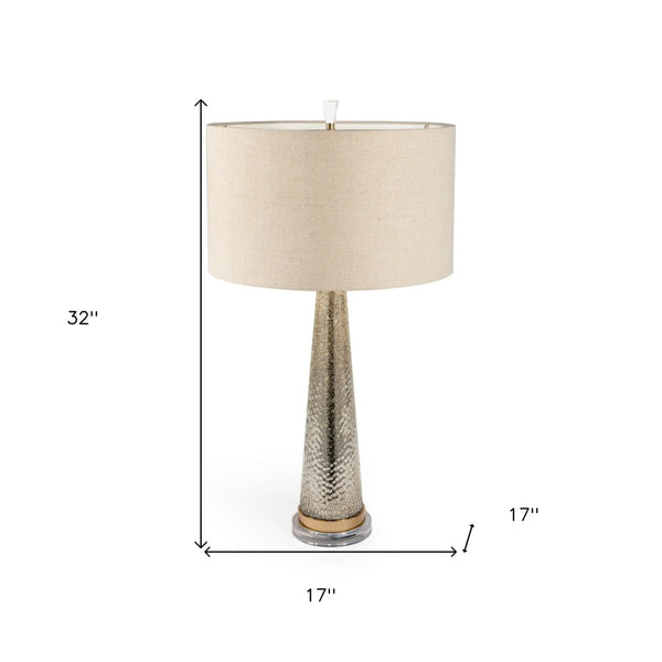HomeRoots 32" Silver Metallic Glass Table Lamp with Beige Drum Shade - Modern Elegance for Any Room 528683