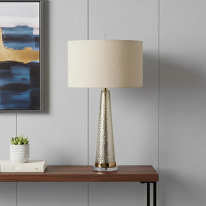 HomeRoots 32" Silver Metallic Glass Table Lamp with Beige Drum Shade - Modern Elegance for Any Room 528683