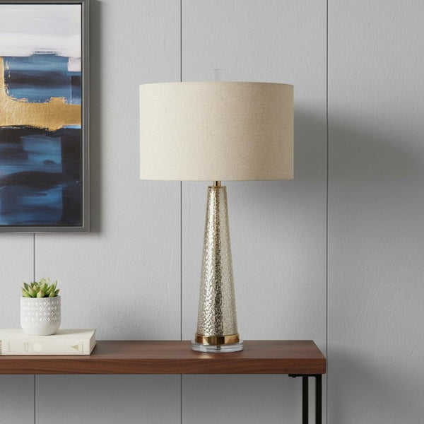 HomeRoots 32" Silver Metallic Glass Table Lamp with Beige Drum Shade - Modern Elegance for Any Room 528683