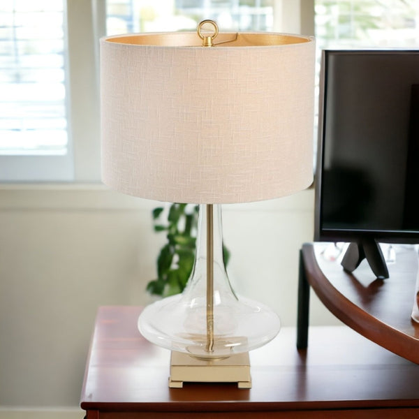 HomeRoots 26" Clear Glass LED Table Lamp – Elegant Beige Drum Shade for Modern & Coastal Décor, Ideal Lighting 528684