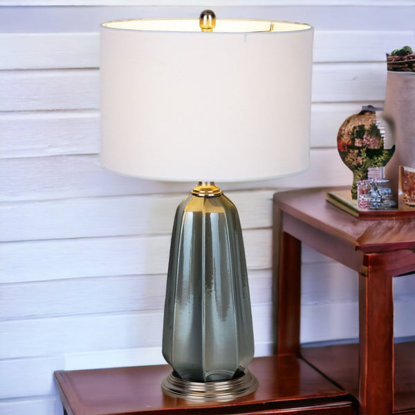 HomeRoots 28" Blue Gray Ceramic LED Table Lamp with Elegant White Shade for Modern Home Decor and Ambiance 528685