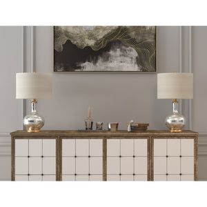 Homeroots 27" Silver Metallic Glass Led Table Lamp With Ivory Drum Shade   528687