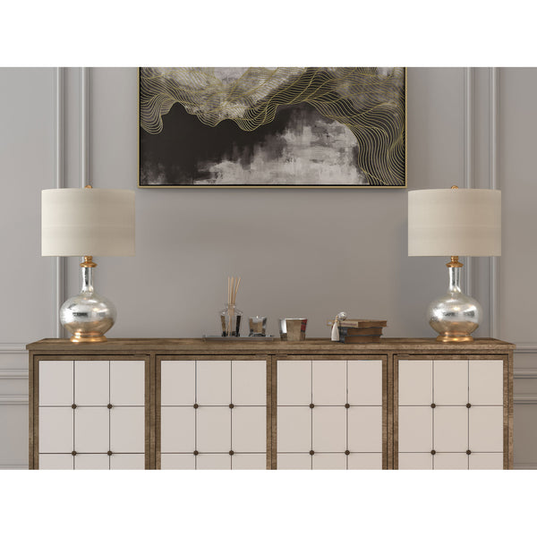 Homeroots 27" Silver Metallic Glass Led Table Lamp With Ivory Drum Shade   528687