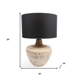 HomeRoots 24" Elegant Brown Solid Wood LED Table Lamp with Black Drum Shade for Modern Home Decor & Illumination 528689