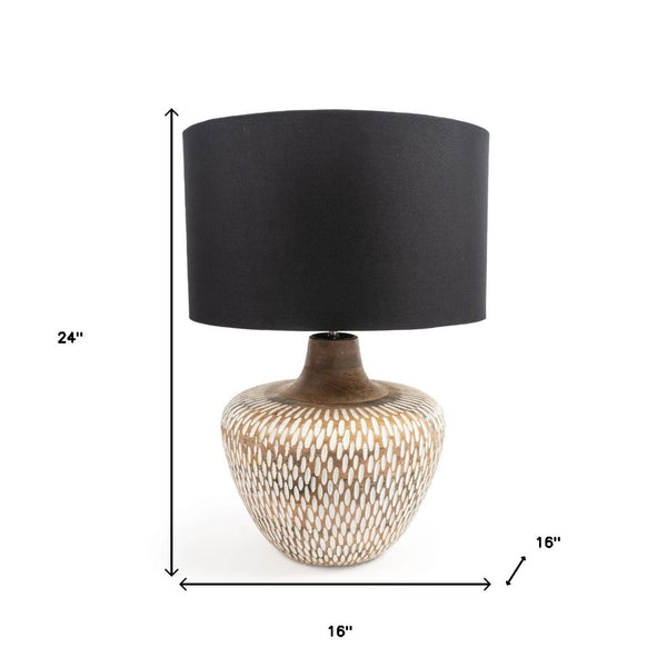 HomeRoots 24" Elegant Brown Solid Wood LED Table Lamp with Black Drum Shade for Modern Home Decor & Illumination 528689