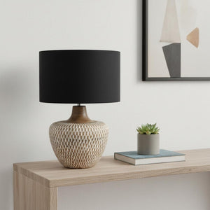 HomeRoots 24" Elegant Brown Solid Wood LED Table Lamp with Black Drum Shade for Modern Home Decor & Illumination 528689
