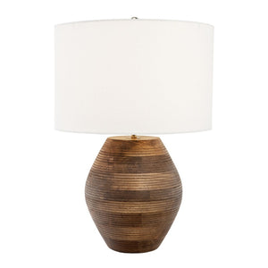 HomeRoots 23" Brown Solid Wood Abstract LED Table Lamp with Elegant White Shade for Modern Home Decor 528691