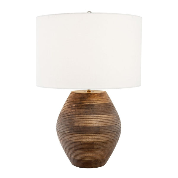 HomeRoots 23" Brown Solid Wood Abstract LED Table Lamp with Elegant White Shade for Modern Home Decor 528691