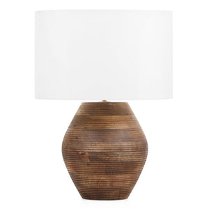 HomeRoots 23" Brown Solid Wood Abstract LED Table Lamp with Elegant White Shade for Modern Home Decor 528691