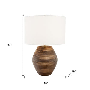 HomeRoots 23" Brown Solid Wood Abstract LED Table Lamp with Elegant White Shade for Modern Home Decor 528691