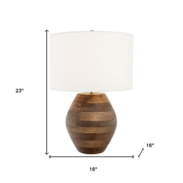 HomeRoots 23" Brown Solid Wood Abstract LED Table Lamp with Elegant White Shade for Modern Home Decor 528691