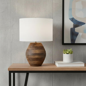 HomeRoots 23" Brown Solid Wood Abstract LED Table Lamp with Elegant White Shade for Modern Home Decor 528691