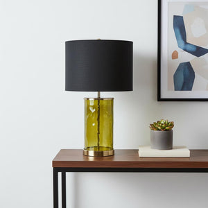 HomeRoots 22" Green Glass LED Table Lamp - Modern Design with Black Drum Shade & Gold Accents for Home Décor 528692