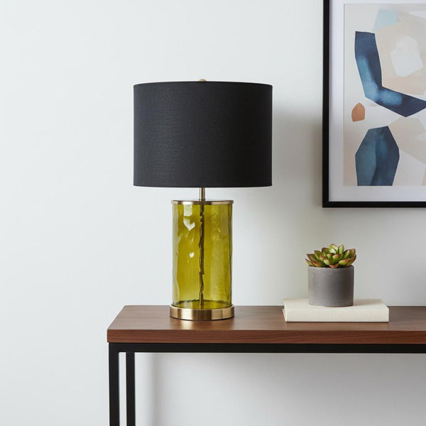 HomeRoots 22" Green Glass LED Table Lamp - Modern Design with Black Drum Shade & Gold Accents for Home Décor 528692